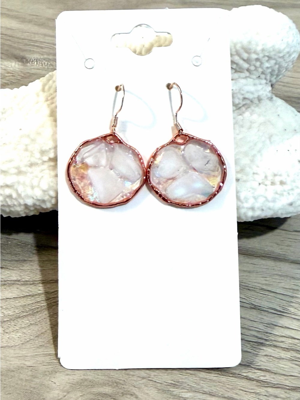 69. Rose Gold earrings with frosted White Sea glass and iridescent glitter